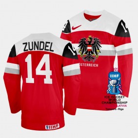 Kilian Zündel 2023 IIHF World Championship Australia #14 Red Away Jersey Men