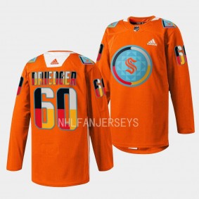 Seattle Kraken 2022 Indigenous People Night Chris Driedger #60 Orange Jersey Warmup