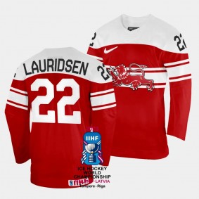 Denmark #22 Markus Lauridsen 2023 IIHF World Championship Away Jersey Red