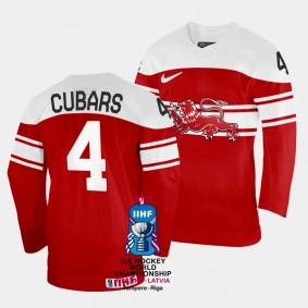 Denmark #4 Victor Cubars 2023 IIHF World Championship Away Jersey Red