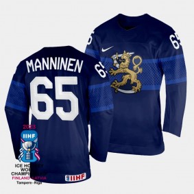 Finland #65 Sakari Manninen 2023 IIHF World Championship Away Jersey Navy