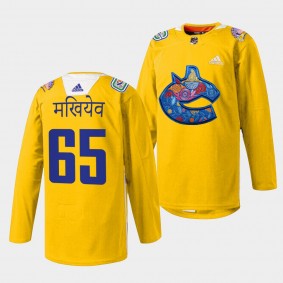 Vancouver Canucks 2022 Diwali Night Ilya Mikheyev #65 Yellow Jersey Warmup