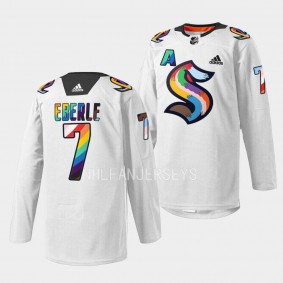 Seattle Kraken 2023 LGBTQ Pride Night Jordan Eberle #7 White Jersey warmup