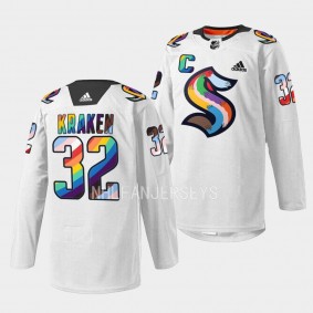 Seattle Kraken 2023 LGBTQ Pride Night #32 White Jersey warmup