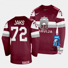 Jānis Jaks Latvia Hockey 2023 IIHF World Championship Away Jersey Maroon
