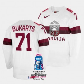 Latvia #71 Roberts Bukarts 2023 IIHF World Championship Home Jersey White