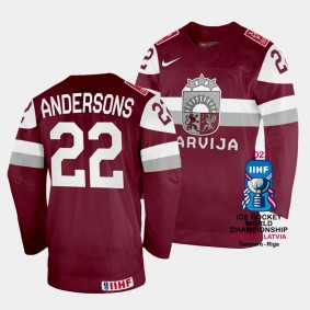 Toms Andersons Latvia Hockey 2023 IIHF World Championship Away Jersey Maroon