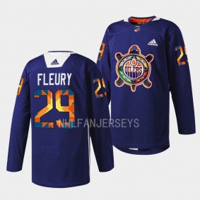 Minnesota Wild 2022 Indigenous Celebration Night Marc-Andre Fleury #29 Navy Jersey Warmup