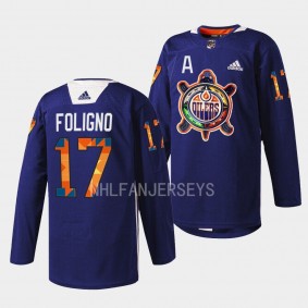 Minnesota Wild 2022 Indigenous Celebration Night Marcus Foligno #17 Navy Jersey Warmup