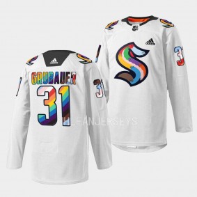 Seattle Kraken 2023 LGBTQ Pride Night Philipp Grubauer #31 White Jersey warmup