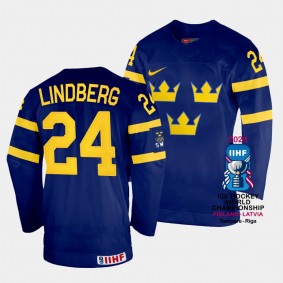 Oscar Lindberg 2023 IIHF World Championship Sweden #24 Navy Away Jersey Men