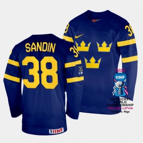 Rasmus Sandin 2023 IIHF World Championship Sweden #38 Navy Away Jersey Men