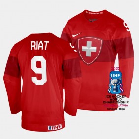 Damien Riat 2023 IIHF World Championship Switzerland #9 Red Away Jersey Men