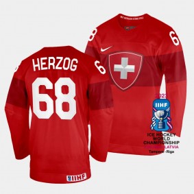 Fabrice Herzog 2023 IIHF World Championship Switzerland #68 Red Away Jersey Men