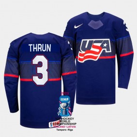 Henry Thrun 2023 IIHF World Championship USA #3 Blue Away Jersey Men